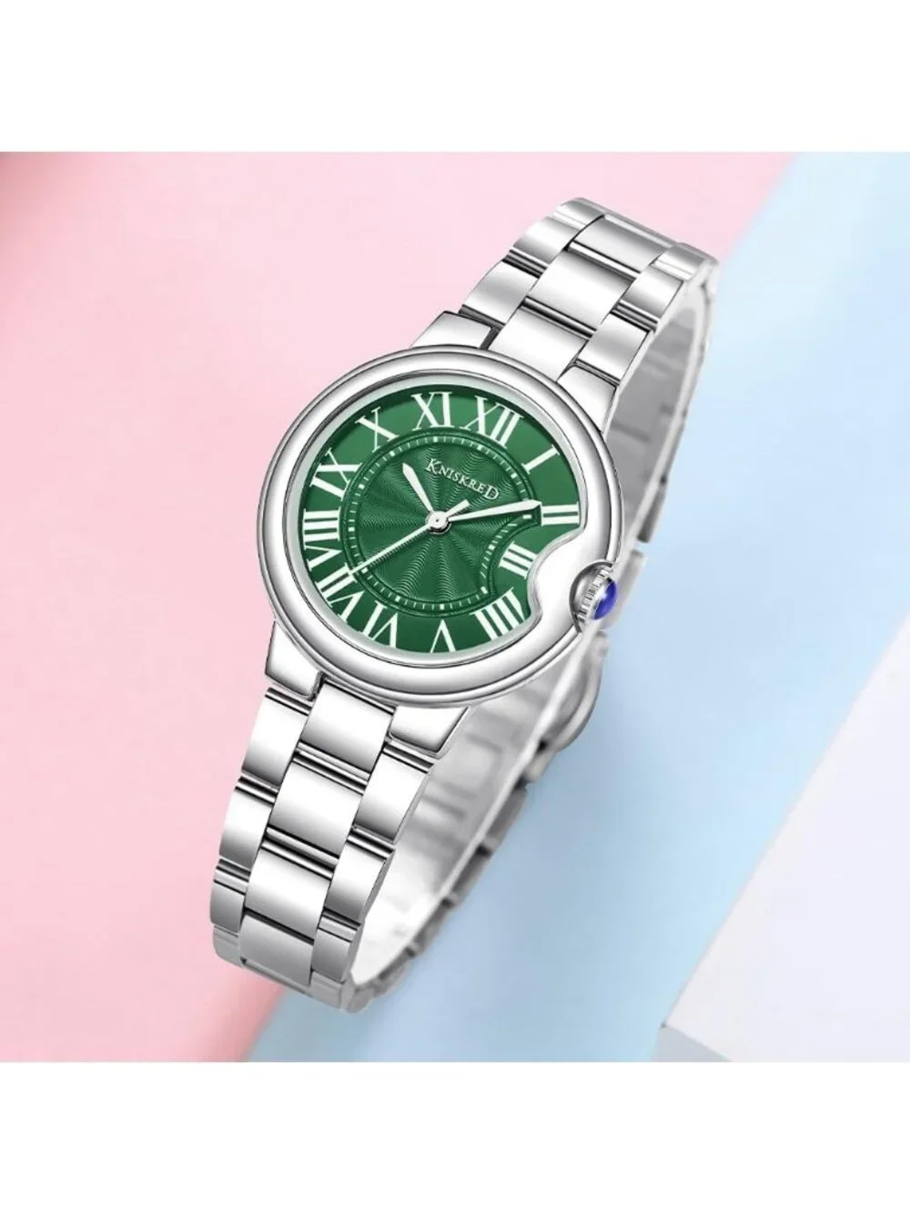 Women's Silver Green Roman Numerals Solid Vintage Stainless Steel Band Watches